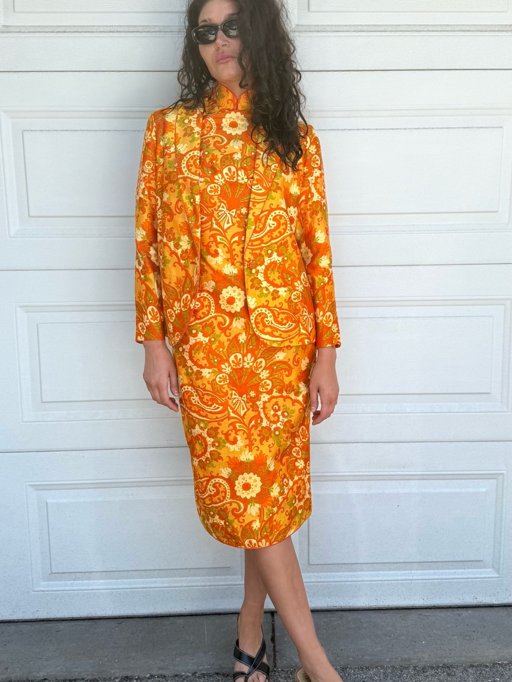 Vintage 60s Orange Raw Silk Floral Midi Dress Cheongsam with Jacket - Picture 10 of 17